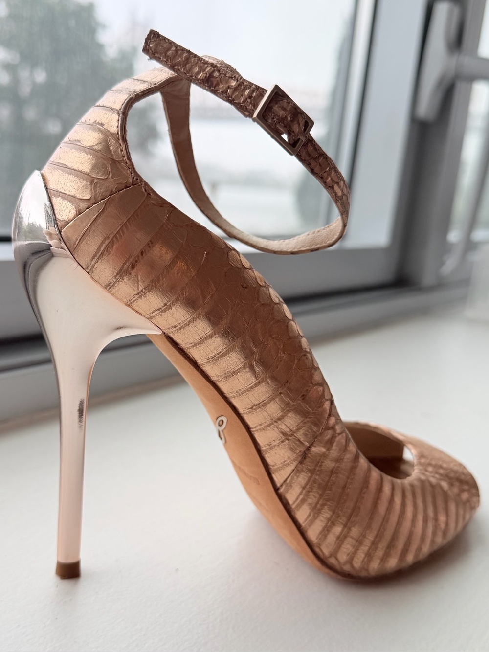 Brian Atwood Metallic Rose Gold Snakeskin Heels